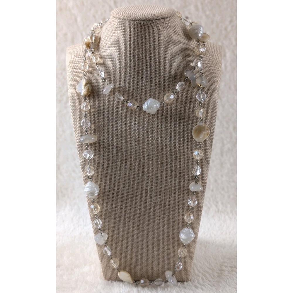 Long Baroque Pearl & Crystal Necklace Silver Tone Shell Beads Layered - Picture 2 of 3
